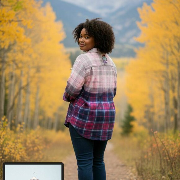 Womens Upcycled Distressed Flannel with "Vanlife" Embroidered Patch XL - Picture 3 of 8